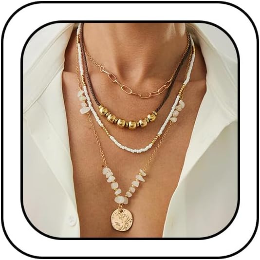 Dainty Layered Beads Paperclip Chain Hammered Coin Pendant Necklace for Women Statement Round Dis... | Amazon (US)
