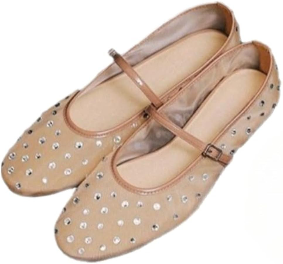 Mesh Mary Jane Flats for Women Rhinestone Mesh Ballet Flats Slip On Ballerina Shoes Low Top Buckl... | Amazon (US)