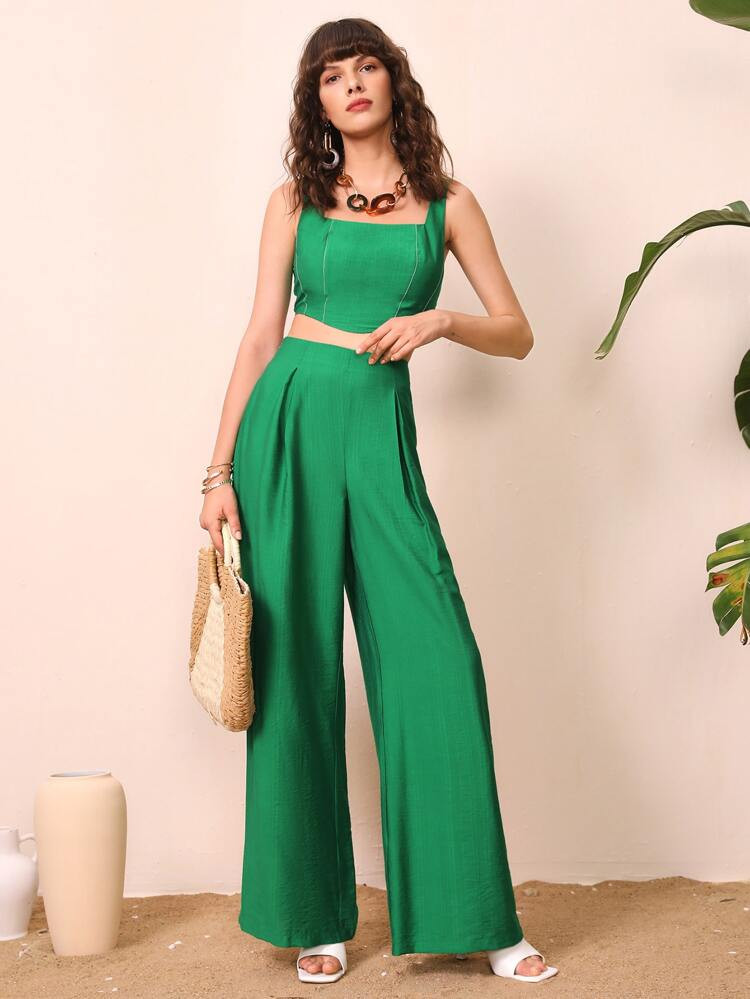 SHEIN Shirred Back Crop Top and Wide Leg Pants Set | SHEIN