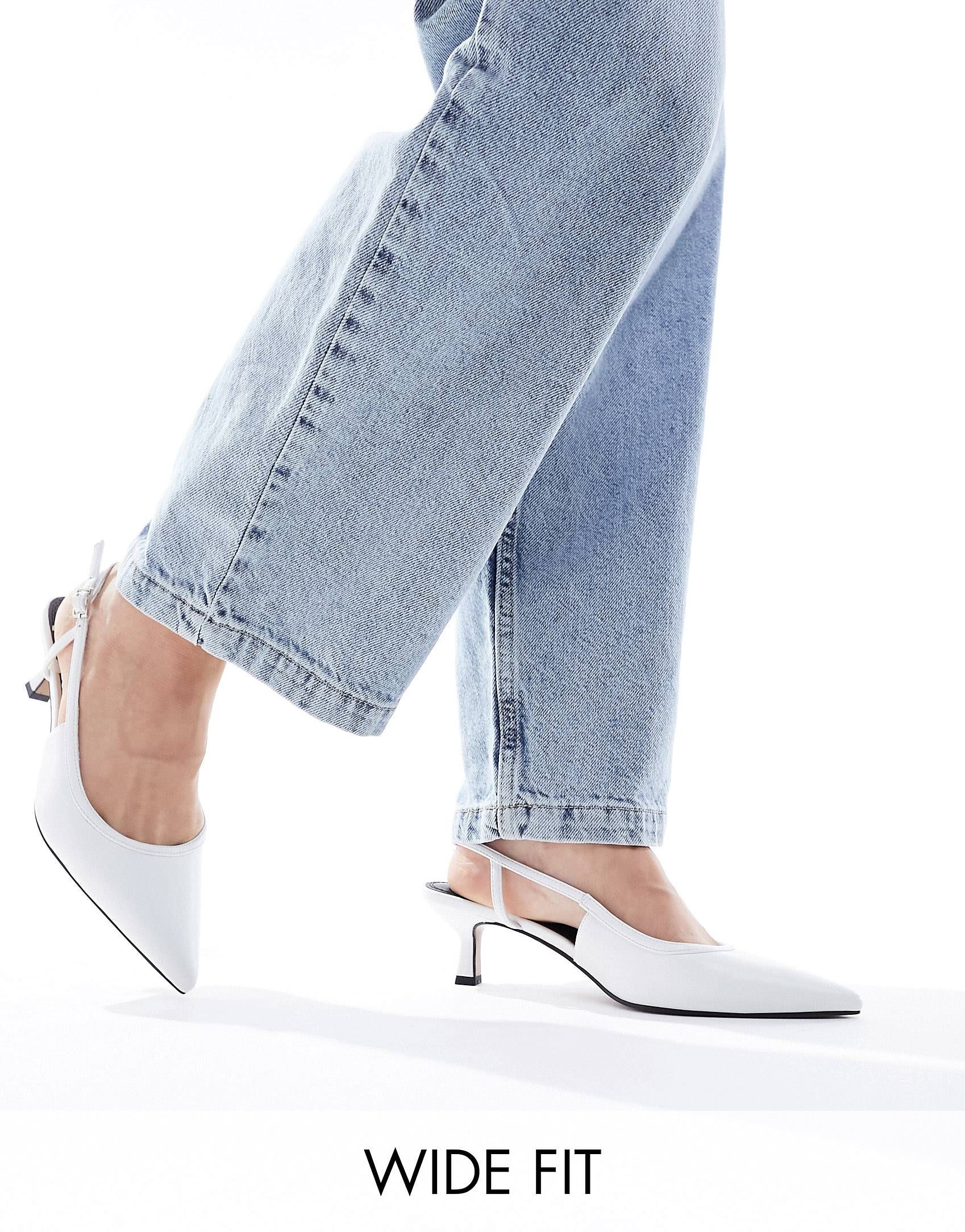 ASOS DESIGN Wide Fit Strut slingback kitten heeled shoes in white | ASOS (Global)