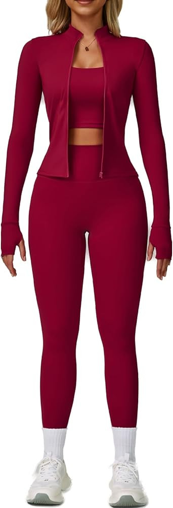 Women’s 3 Piece Workout Set – Sports Bra, Leggings & Jacket with Thumbholes – Yoga Outfit A... | Amazon (US)