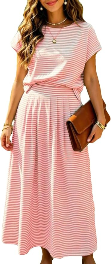 Zontroldy Women's Summer 2 Piece Outfits Striped Skirt Shirt Sets Pockets | 2 Piece Skirt Sets fo... | Amazon (US)