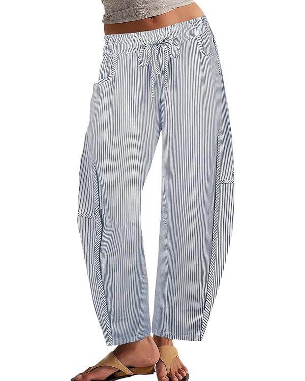 Athlisan Women's Striped Barrel Pants Casual Drawstring Elastic Waisted Wide Leg Baggy Jeans with... | Amazon (US)
