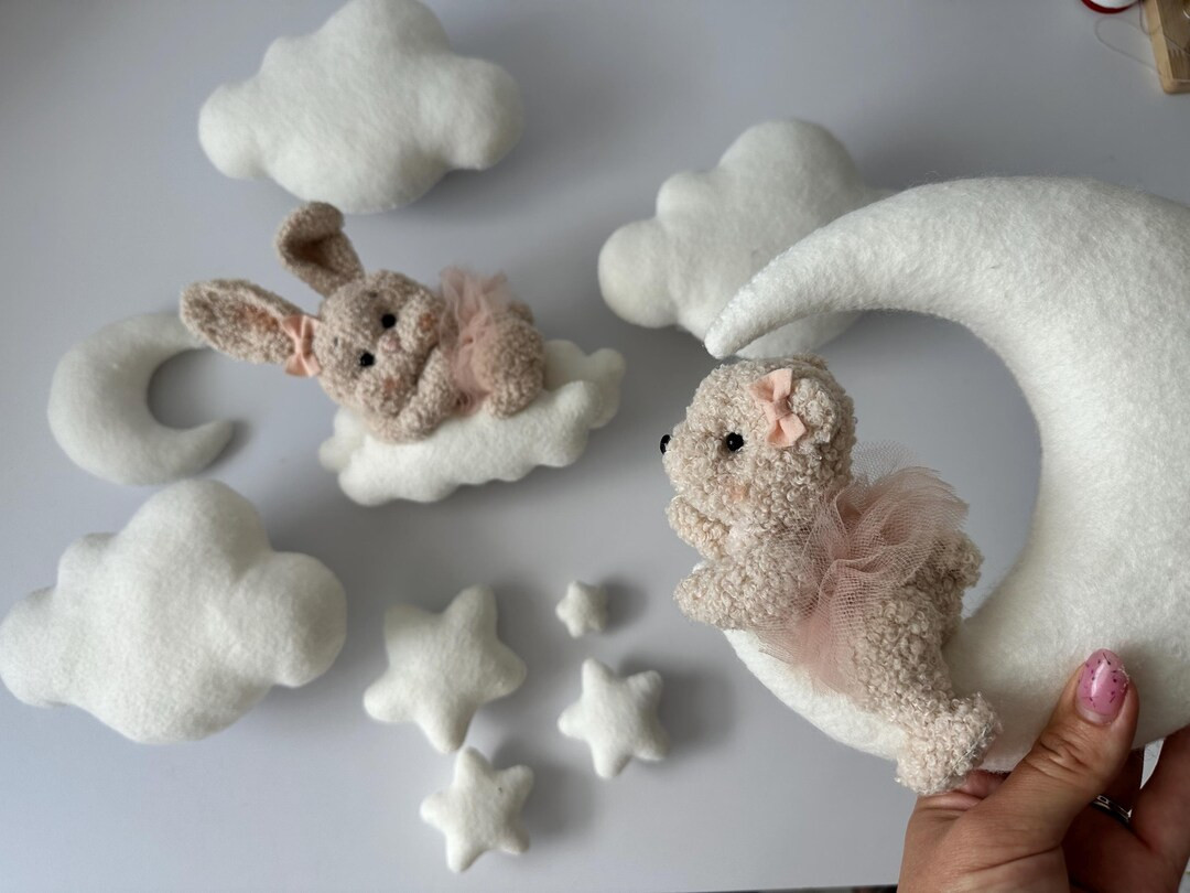 Handmade Nursery Night Light: Cloud, Moon, Stars, Plush Bunny & Bear | Etsy (US)