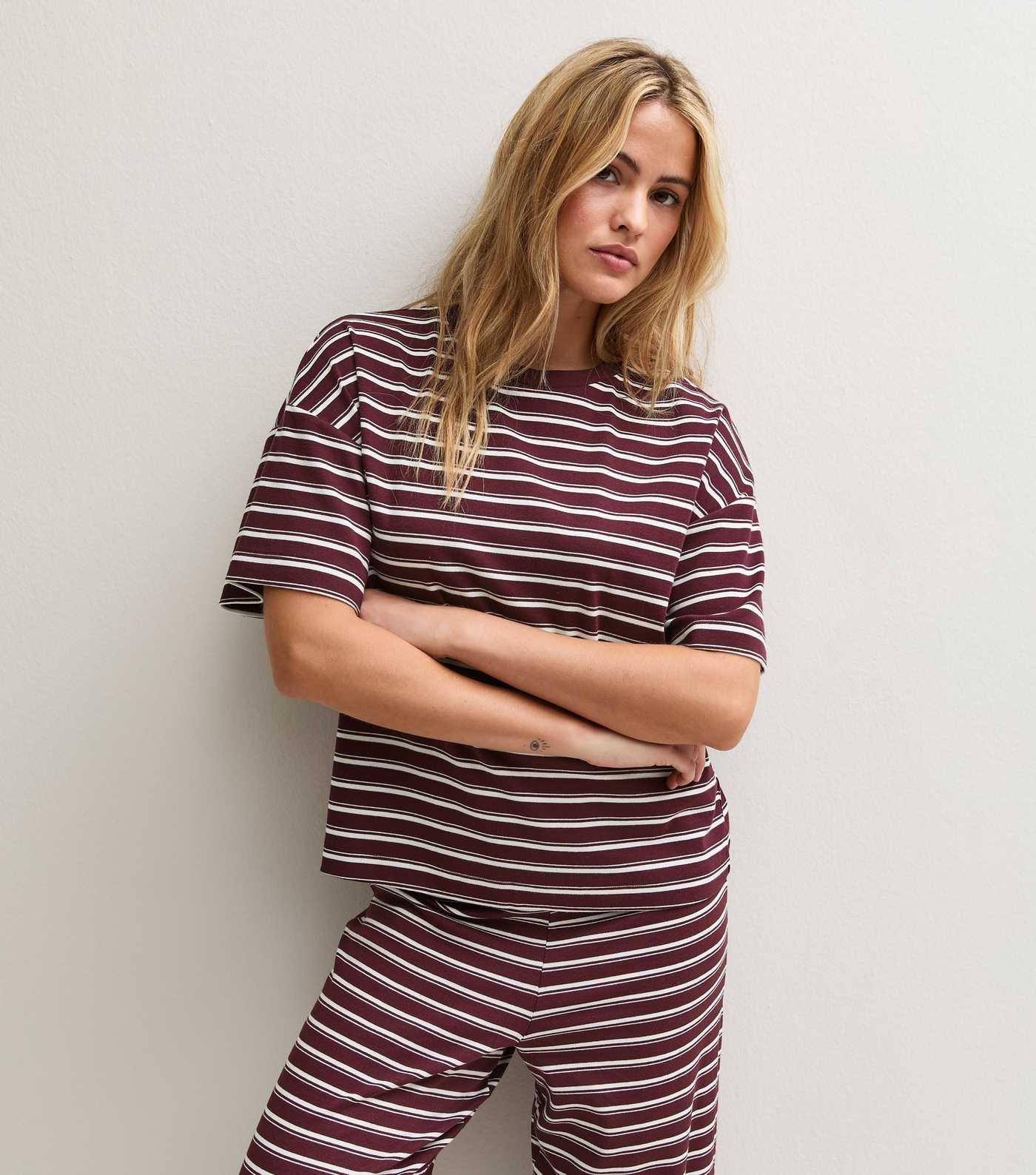 Dark Burgundy Cotton Rich Striped Boxy T-Shirt | New Look | New Look (UK)