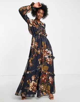 ASOS DESIGN floral tiered maxi dress with tie front in satin stripe | ASOS (Global)