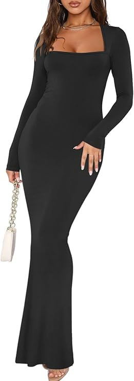 REORIA Womens Basic Sexy Square Neck Long Sleeve Soft Lounge Long Dress Fall Casual Ribbed Bodyco... | Amazon (US)