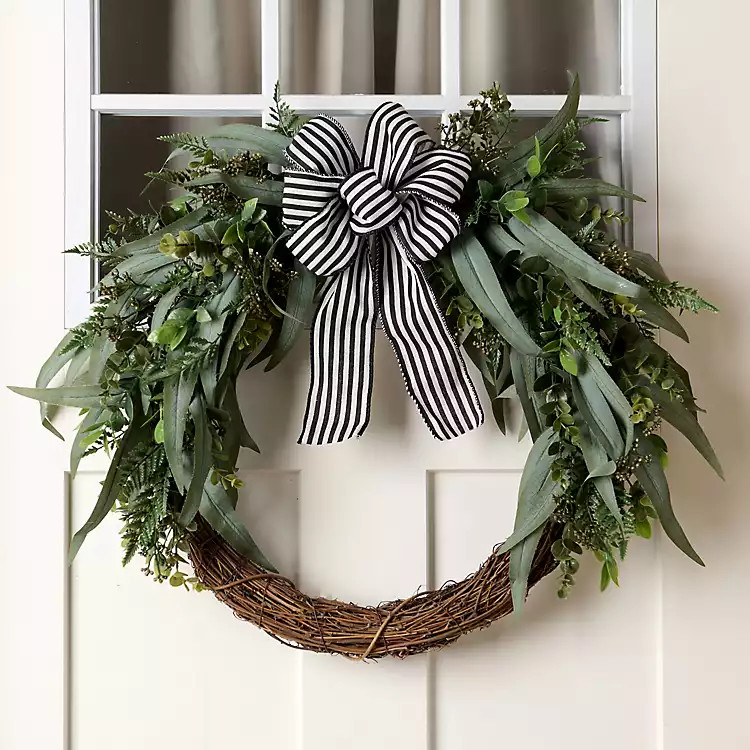 New! Black and White Striped Ribbon Eucalyptus Wreath | Kirklands
