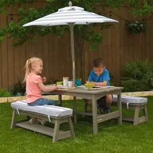 Outdoor Table & Bench Set with Cushions & Umbrella - Gray & White Stripes | KidKraft