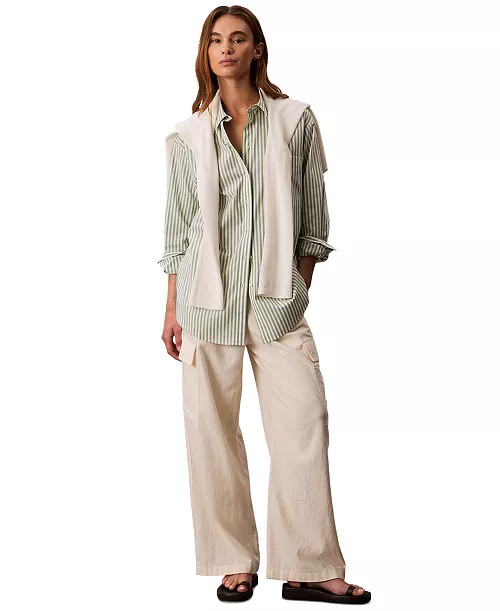 Women's  Striped Cotton Poplin Button-Down Shirt | Macy's