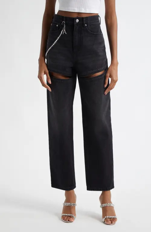 Area Slit Straight Leg Jeans with Crystal Chain in Black at Nordstrom, Size 29 | Nordstrom