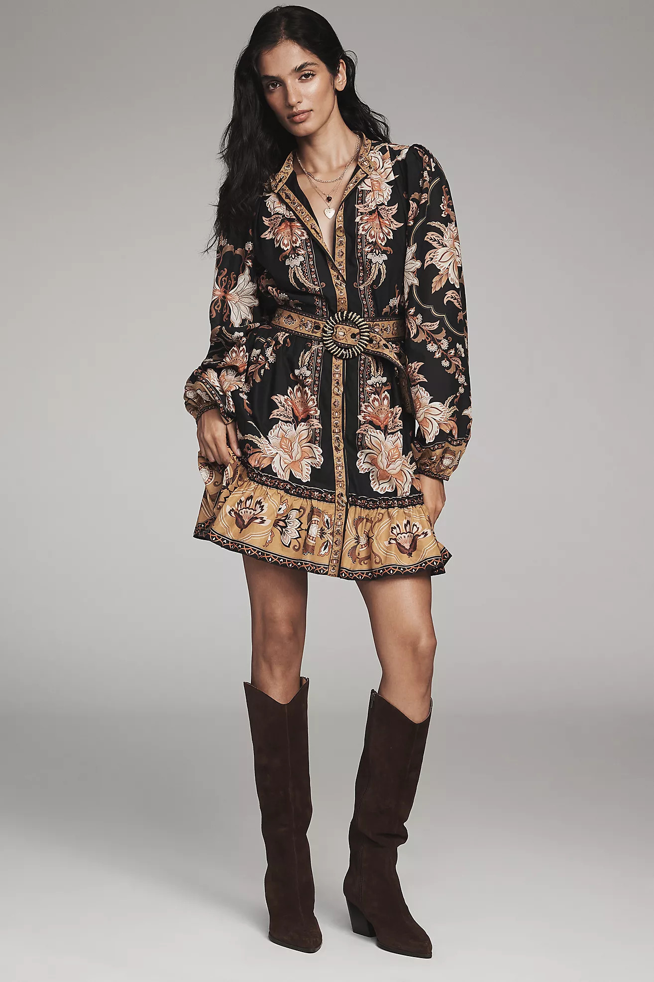 Farm Rio Majestic Garden Long-Sleeve Button-Front Mini Dress | Anthropologie (US)