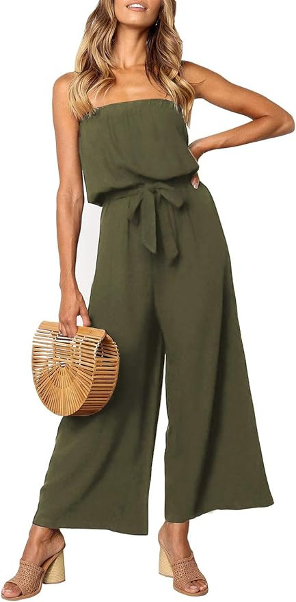 ZESICA Women's Casual Off Shoulder Solid Color Strapless Belted Wide Leg Jumpsuit Romper | Amazon (US)