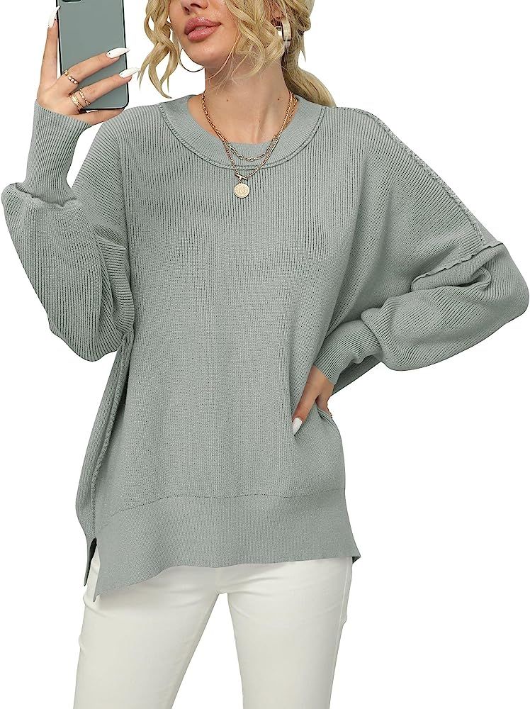 Prinbara Women Crewneck Batwing Sleeve Oversized Side Slit Ribbed Knit Pullover Sweater Top | Amazon (US)