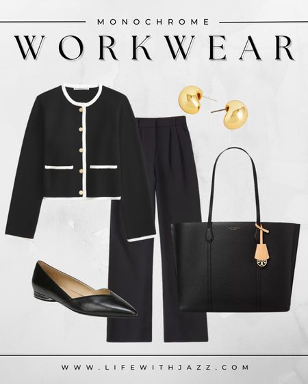 Monochrome workwear outfit 🖤

Workwear / office outfit / monochrome / sweater jacket / Sloane crepe tailored pants / trousers / flats / leather tote / gold earrings / spring workwear 

#LTKworkwear #LTKSeasonal
