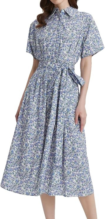 Womens Summer Floral Maxi Dress Short Sleeve V Neck Button Belt Casual Long Flowy Shirt Dress | Amazon (US)