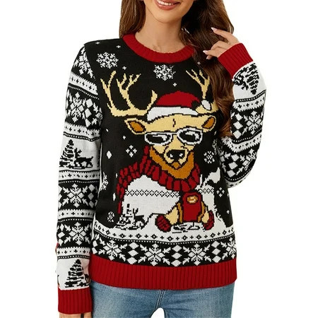 Women s Ugly Christmas Sweater Reindeer Pattern Long Sleeve Knit Pullover Holiday Party Jumper | Walmart (US)