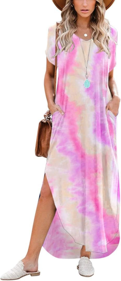 Women's Short Sleeve V Neck Dress Tie Dye Side Split Maxi Dresses with Pockets | Amazon (US)