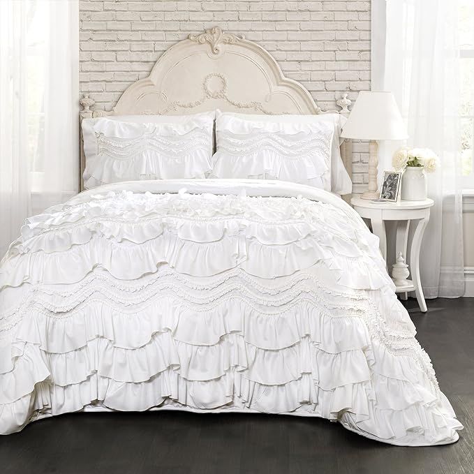 Lush Decor Kemmy Quilt Ruffled Textured 3 Piece Full Queen Size Bedding Set, White | Amazon (US)