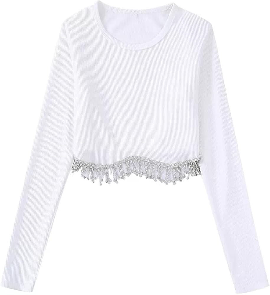 Meladyan Women Sexy Rhinestone Beading Tassel Trim Crop Tank Top Sleeveless Ribbed Knit Cropped Vest | Amazon (US)