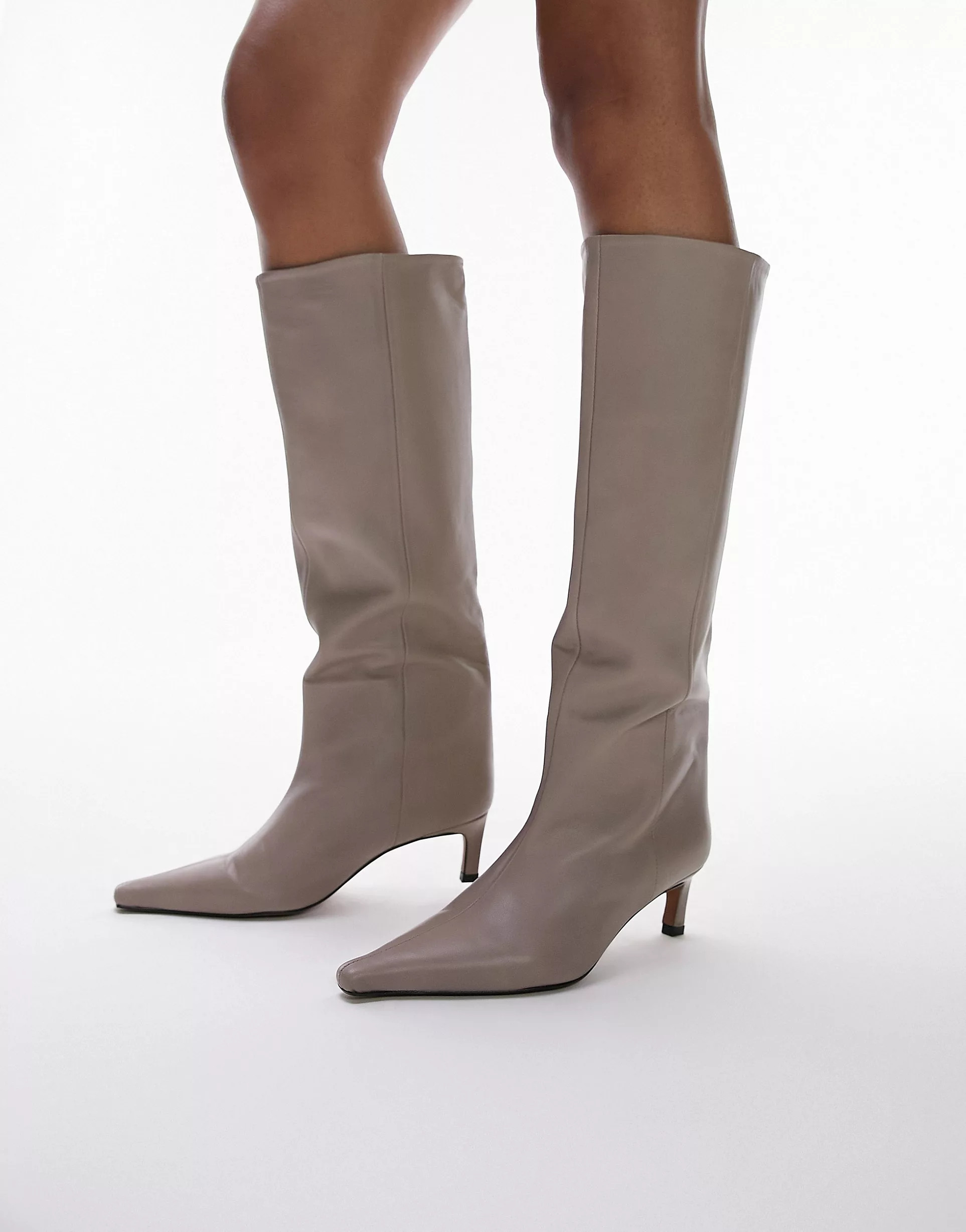 Topshop Tara premium leather mid heel pointed knee boot in mink | ASOS (Global)