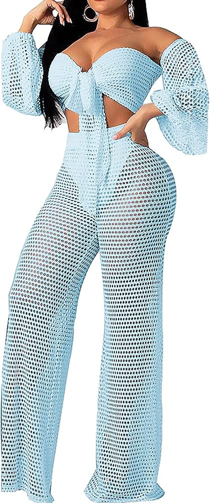 Swimsuit Coverup for Women Off Shoulder Top & Mesh Long Pants     Sexy Cover Ups for Swimwear Wom... | Amazon (US)