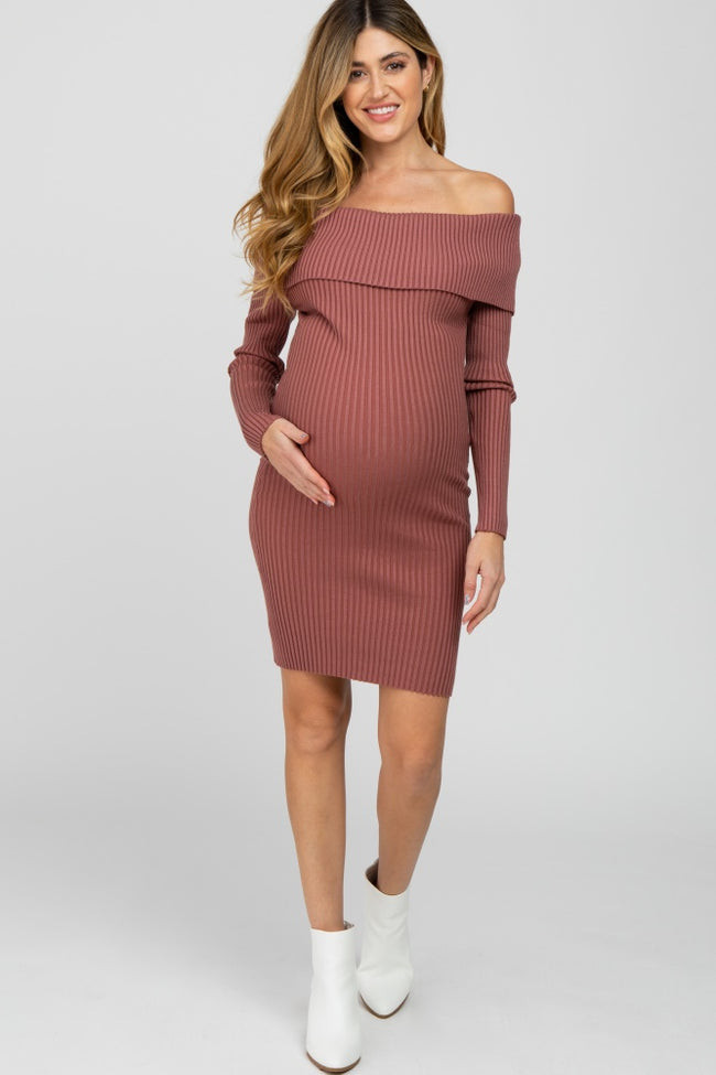 Mauve Ribbed Off Shoulder Maternity Fitted Sweater Dress | PinkBlush Maternity