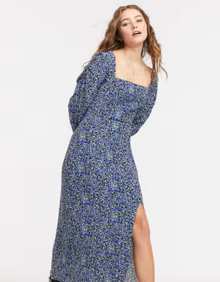 Bershka square neck floral midi dress in blue | ASOS (Global)