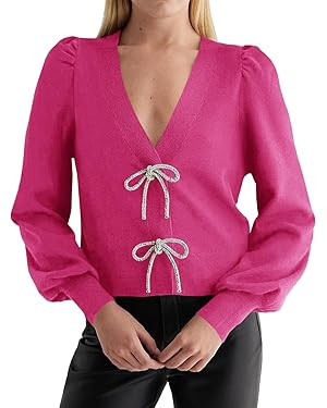 Saodimallsu Womens Puff Long Sleeve Sweaters V Neck Cropped Bow Button Front Cozy Knit Cardigan S... | Amazon (US)
