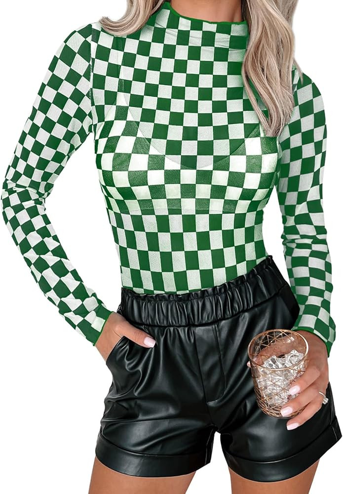 Womens Floral Mesh Top Mock Neck Long Sleeve Slim Fit See Through Shirt Blouses Tops | Amazon (US)