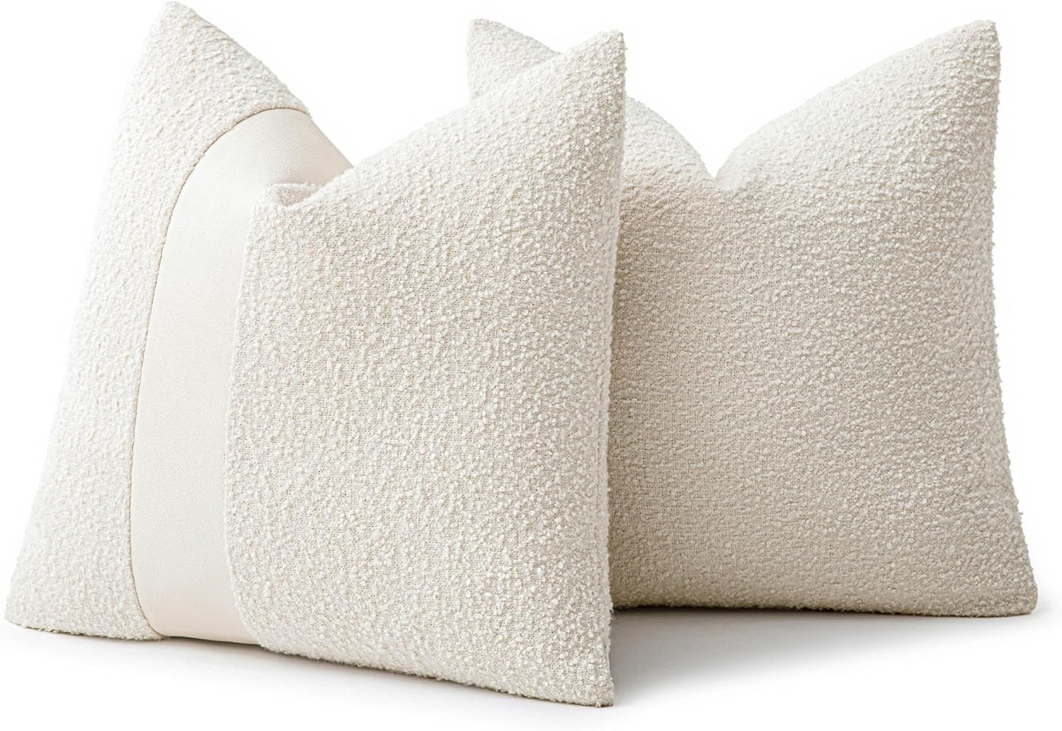 18"x18" White Boucle Throw Pillow Covers with Faux Leather Accents Set of 2 Fluffy Textured Decor... | Amazon (US)