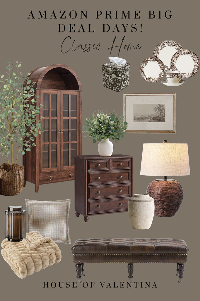 I LOVE a home that feels like it has been collected over time! These Amazon Prime Big Deal Days finds are full of those classic details I’m always looking for: rich wood tones, warm woven textures, beautiful traditional patterns, vintage-inspired artwork, and pieces that instantly give a room character.

That arched cabinet is SO GOOD, and paired with the leather bench, woven lamp, and gorgeous brown transferware, the entire look feels warm, layered, and timeless. I love mixing pieces like these with greenery and softer textiles to keep a classic home feeling fresh and inviting.

These are the kinds of finds that can live in your home for years and only get better as you layer in more of your own story. 

 #LTKSeasonal #LTKHome #LTKSaleAlert