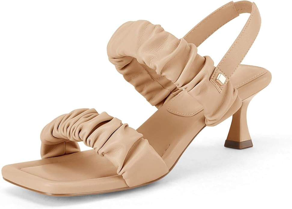 Coutgo Women's Low Kitten Heels Sandals Open Square Toe Ruched Slingback Pull On Dress Shoes | Amazon (US)