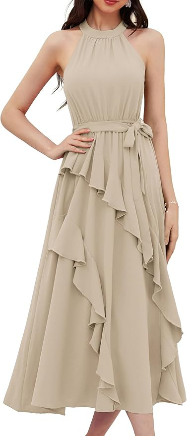 GRACE KARIN Women's 2024 Summer Sleeveless Halter Neck Ruffle Hem Split Flowy Swing Long Midi Dre... | Amazon (US)