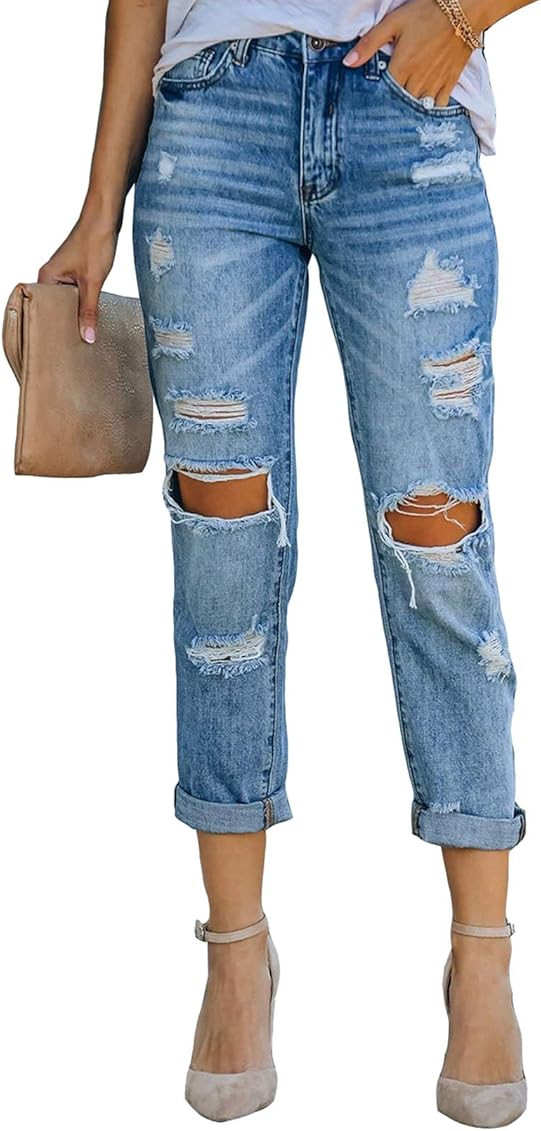Sidefeel Women Patchwork Destroyed Raw Hem Jeans Ripped Hole Denim Pants | Amazon (US)