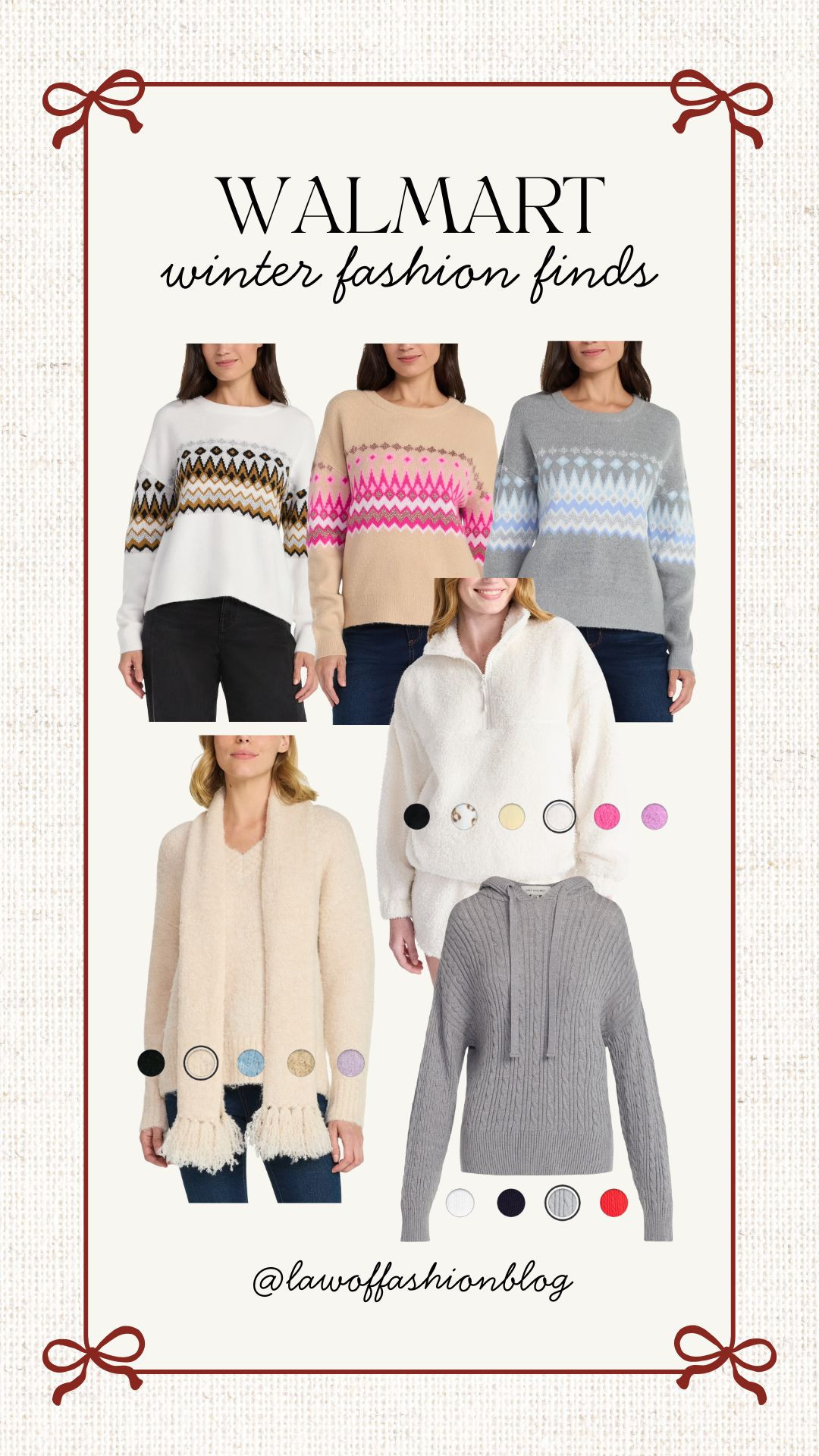 Cute sweaters all from Walmart ❄️ Winter fashion, winter style, cozy sweater, trending fair isle, scarf, sherpa, cable knit, comfortable winter staples, winter capsule wardrobe, look for less, Walmart fashion.  

 #LTKSeasonal #LTKFindsUnder50