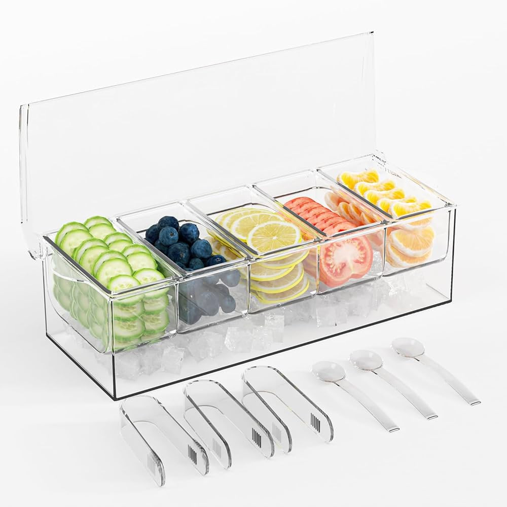 Condiment Server with Ice Tray,Ice Chilled 5 Compartment Condiment Server Caddy,Chilled Caddy,Con... | Amazon (US)