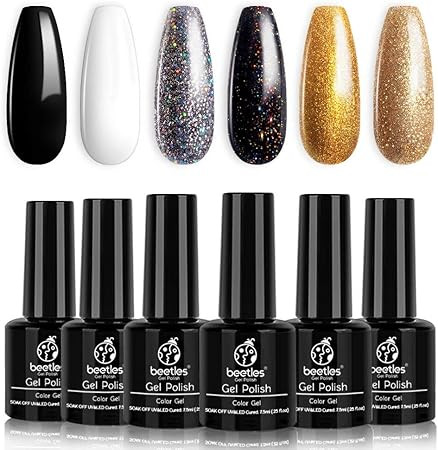 Beetles Black Gold Glitter Gel Nail Polish Set - 6 Colors White Silver Rose Glitter Gel Polish Ki... | Amazon (US)