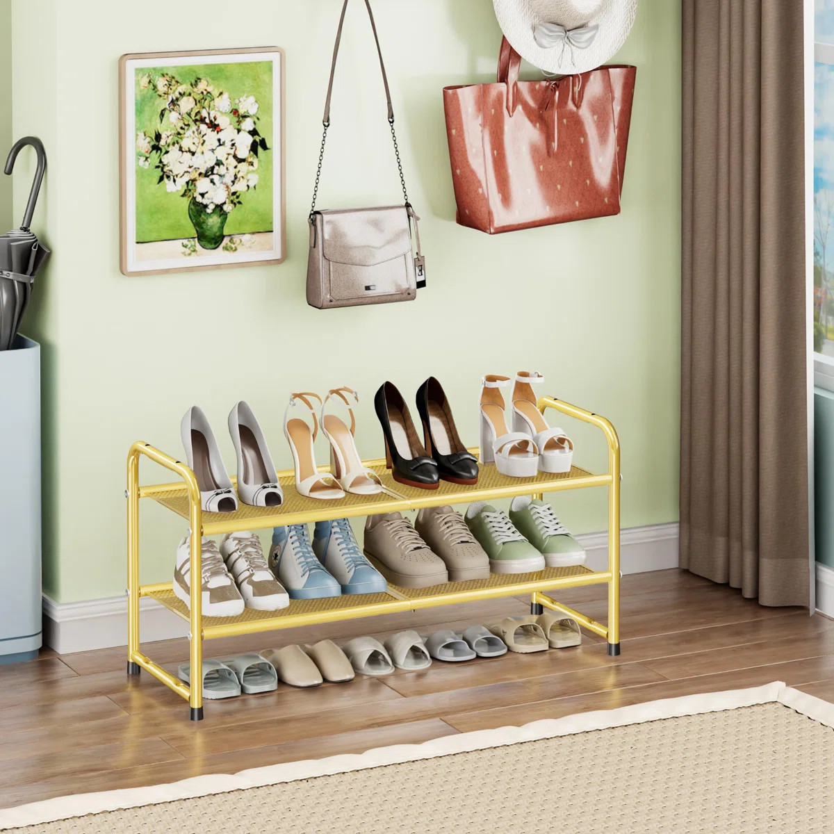 2-Tier Shoe Rack 33'' Wide, Metal Mesh Shoe Shel for Closet, Stackable and Adjustable | Wayfair North America