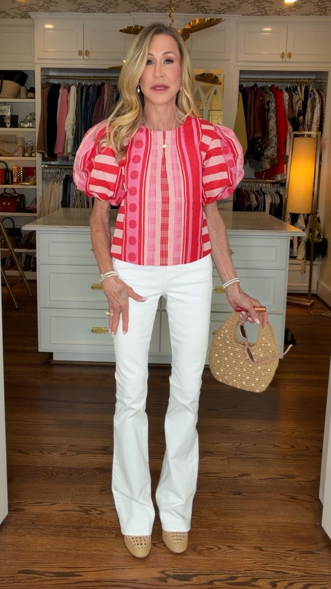 Summer top from Emily McCarthy that you’ll reach for again and again paired with white skinny flares from Veronica Beard!  Steve Madden raffia sandals and a raffia bag with pearls!


#LTKSeasonal #LTKOver40 #LTKootd