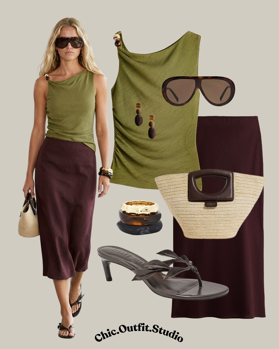 ✨This olive and chocolate pairing is the unexpected color combo I'm obsessed with for summer. The ruched one-shoulder top and flowing linen blend midi skirt create such a chic, effortless silhouette for sunset dinners or European strolls. Love how the straw tote and minimalist sandals ground the look with natural textures. 
✨Tags: olive green top outfit, burgundy midi skirt outfit, chic summer vacation outfit, european summer style, quiet luxury summer look, straw tote bag outfit, minimalist sandals outfit, one shoulder top outfit, elegant resort wear, sophisticated summer outfit, earthy tone summer outfit, dinner date outfit summer 

 #LTKsummer #LTKshoes #LTKbag