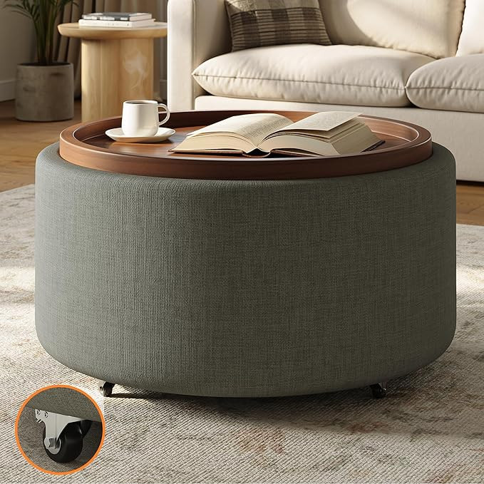 30'' Round Storage Ottoman Coffee Table with Walnut Tray, Round Ottoman with Storage, Modern Upho... | Amazon (US)