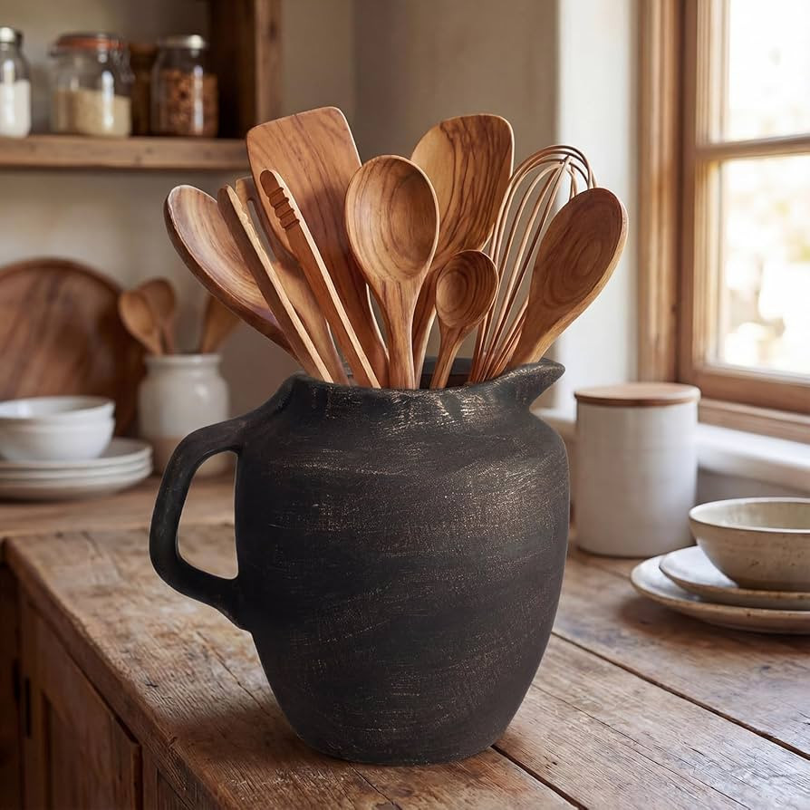 Rustic Kitchen Utensil Holder with Handle,7.48" H Ceramic Vintage Utensil Crock for Countertop, F... | Amazon (US)