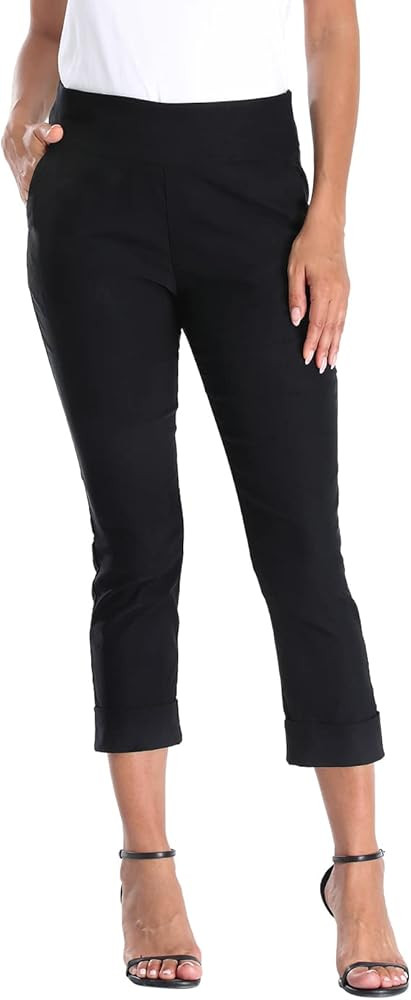 HDE Pull On Capri Pants for Women with Pockets Elastic Waist Cropped Work Pants | Amazon (US)