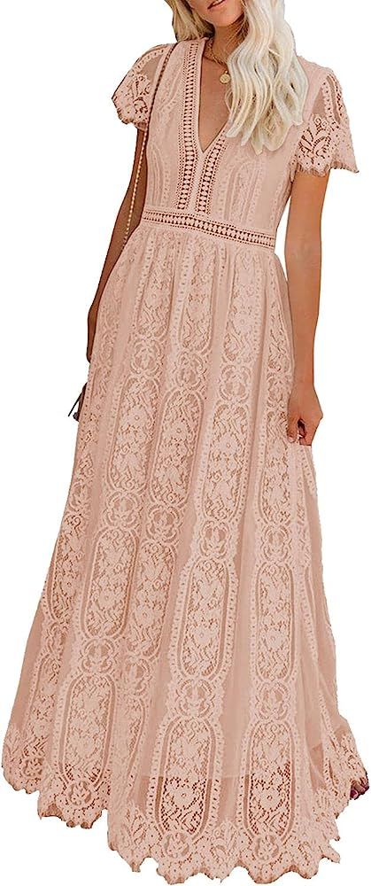 BLENCOT Womens Casual Boho Floral Lace V Neck Long Evening Dress Cocktail Party Maxi Wedding Dresses | Amazon (US)