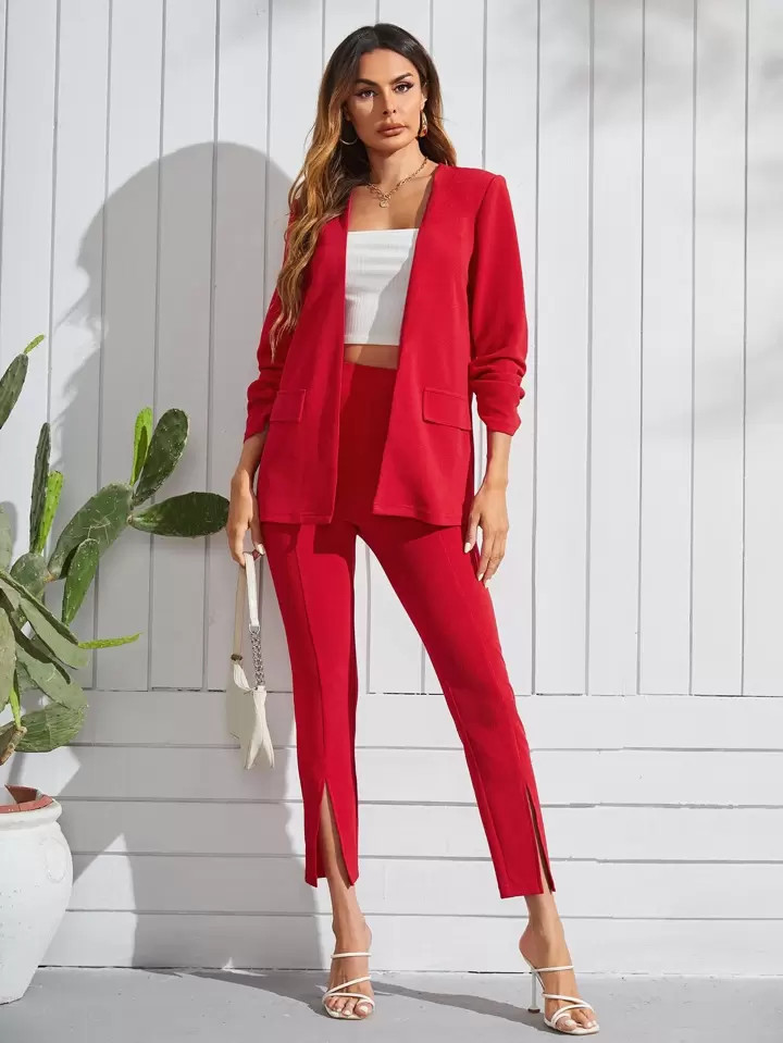 SHEIN Privé Open Front Flap Detail Blazer & Split Hem Pants | SHEIN
