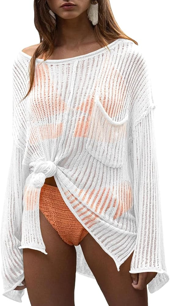 Saodimallsu Womens Sheer Swimsuit Coverup Top Bell Long Sleeve Mesh Ribbed Boat Neck Side Slit Be... | Amazon (US)