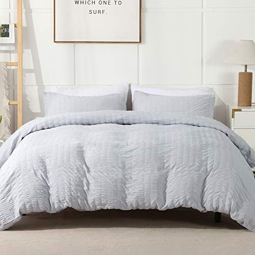 AveLom Seersucker Duvet Cover Set Oversized Queen Size Light Drey (98 x 98 inches), 3 Pieces Soft Washed Microfiber Textured Duvet Cover with Zipper Closure, Corner Ties | Amazon (US)