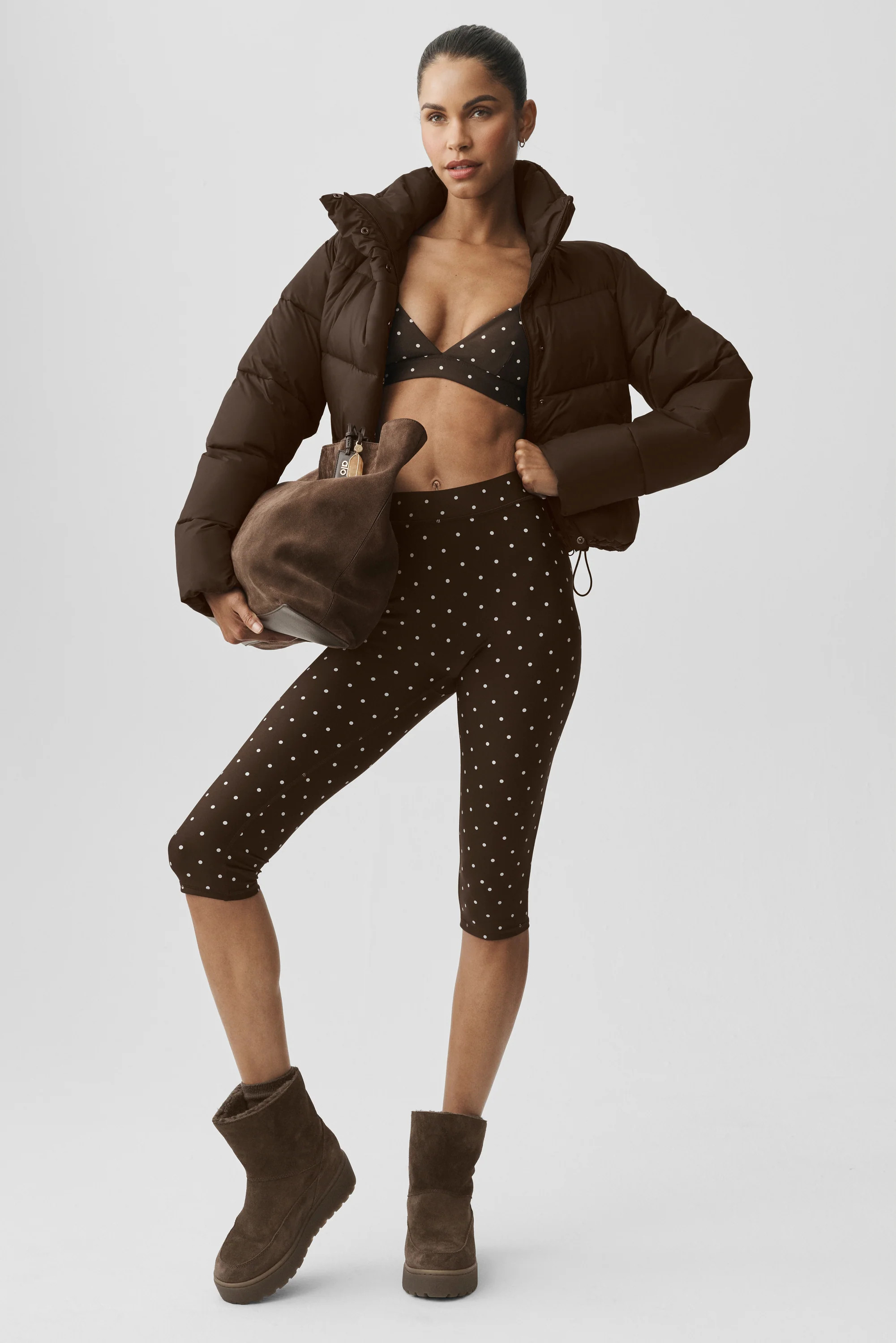 ALO | Airlift Polka Dot High-Waist Iconic 90's Capri Pants in Espresso/White, Size: Medium | Alo Yoga