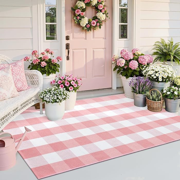 OLANLY Buffalo Plaid Rug 3' x 5' \u2013 Pink and White Cotton Checkered Doormat, Washable Indoor ... | Amazon (US)